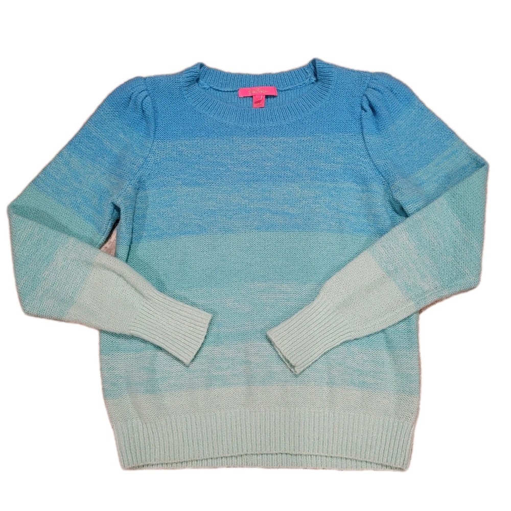 Lilly Pulitzer Drayton Ombre‎ Sweater Plunge Blue/Mint Puff Sleeve Size Medium